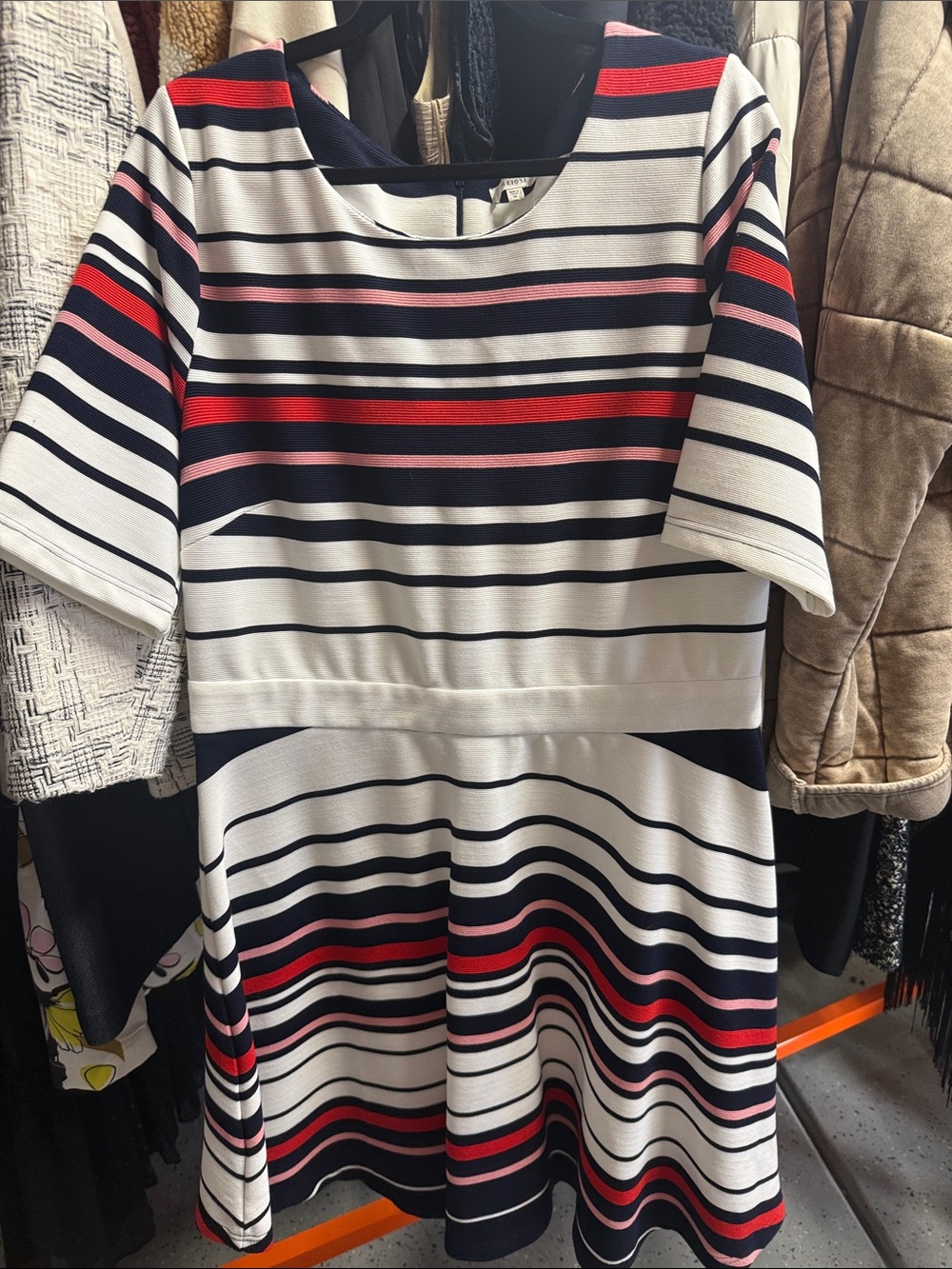Pleione Navy White Red Striped A-Line Dress